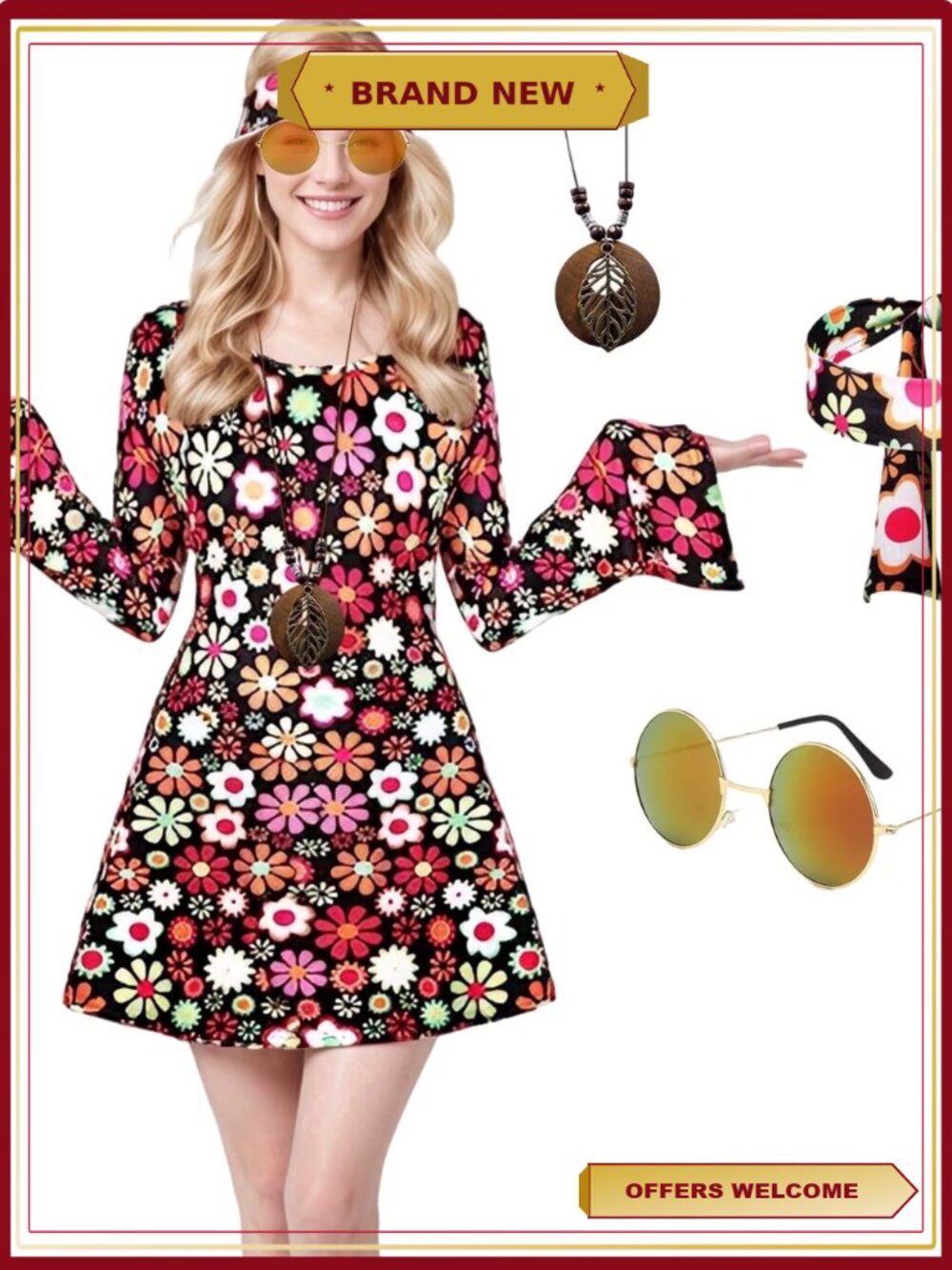 Hippie Costume Set Women's 60s 70s Fancy Dress Halloween Cosplay with
